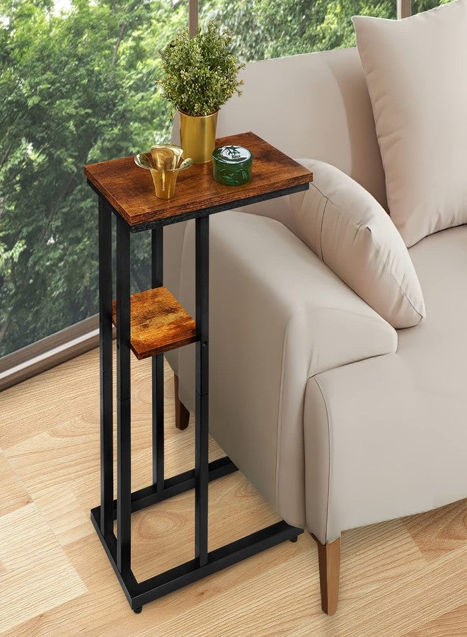 JMLHMXC C Shaped Side Table for Sofa, Couch End Table for Small Spaces，Skinny Couch Side Tables Slide Under Sofa Bed,Snack Table with Bamboo, Modern Rustic Brown … - Image 2