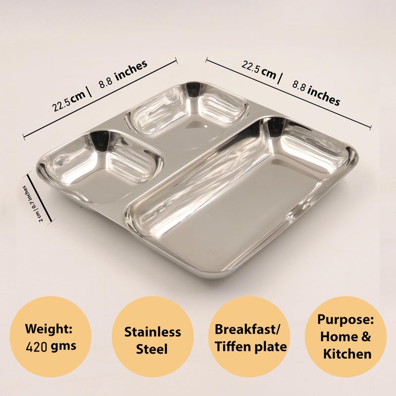 Spillbox Stainless SteelTiffin Plate|Breakfast Plate|Lunch&Dinner Plate|Bhojan Thali|Compartment|Sectioned Plate|Pav Bhaji|Idly Sambar|Snack PlateLength:23cmW:420g-SQ Tiffin Plate-Big (Pack of 1) - Image 5
