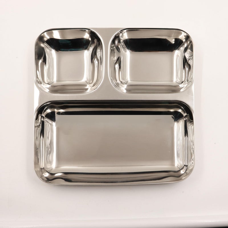 Spillbox Stainless SteelTiffin Plate|Breakfast Plate|Lunch&Dinner Plate|Bhojan Thali|Compartment|Sectioned Plate|Pav Bhaji|Idly Sambar|Snack PlateLength:23cmW:420g-SQ Tiffin Plate-Big (Pack of 1) - Image 4