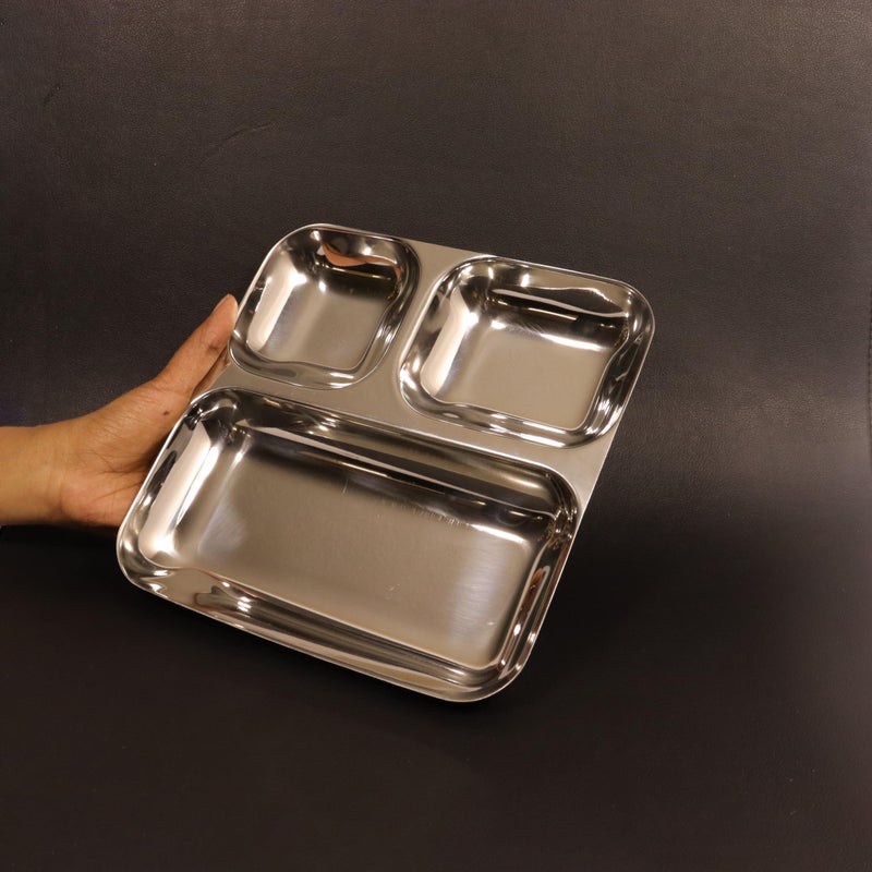 Spillbox Stainless SteelTiffin Plate|Breakfast Plate|Lunch&Dinner Plate|Bhojan Thali|Compartment|Sectioned Plate|Pav Bhaji|Idly Sambar|Snack PlateLength:23cmW:420g-SQ Tiffin Plate-Big (Pack of 1) - Image 2