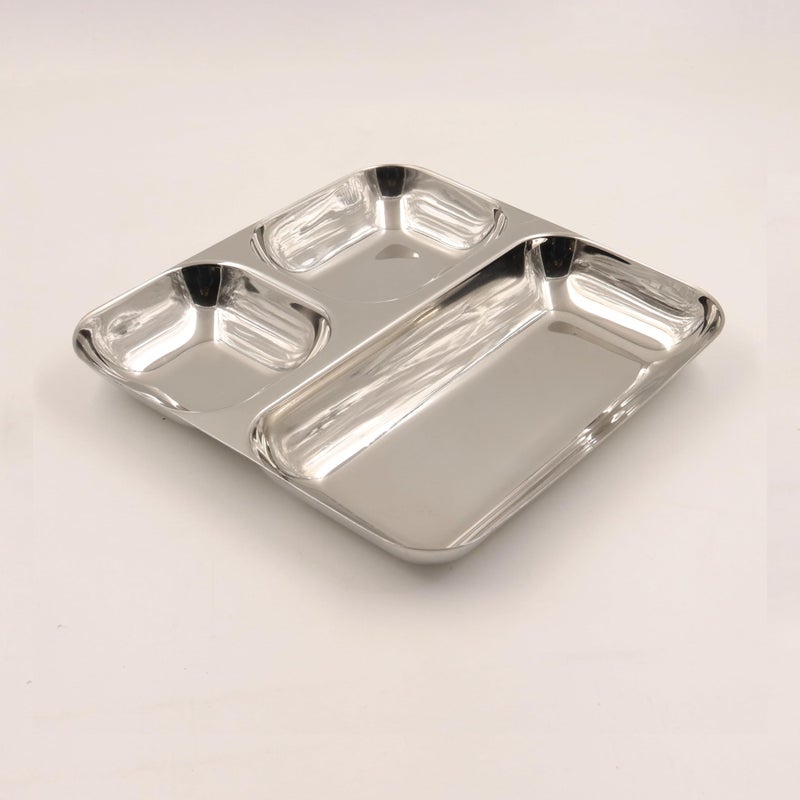 Spillbox Stainless SteelTiffin Plate|Breakfast Plate|Lunch&Dinner Plate|Bhojan Thali|Compartment|Sectioned Plate|Pav Bhaji|Idly Sambar|Snack PlateLength:23cmW:420g-SQ Tiffin Plate-Big (Pack of 1) - Image 1