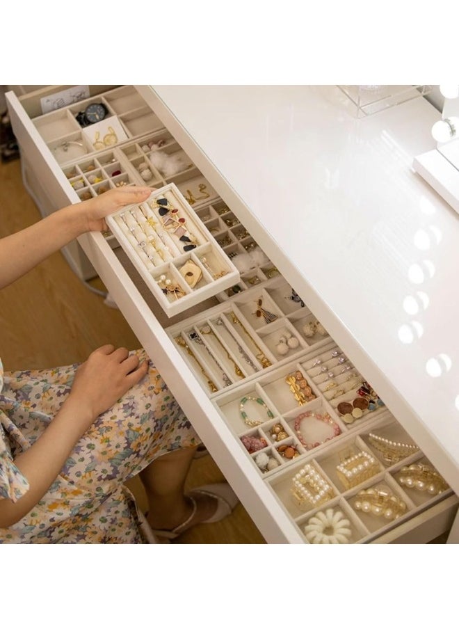 Set of 4 Stackable Jewelry Organizer Trays for Drawers Display Case Storage Container Earring Necklace Rings Bracelet with Removable Dividers