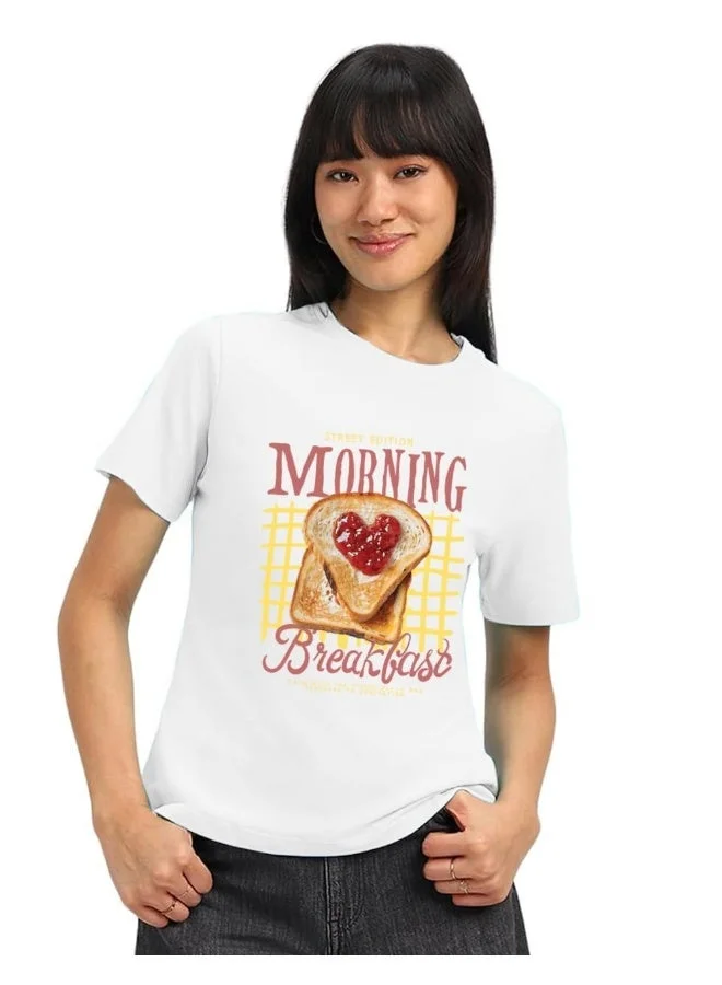 جونبيري JUNEBERRY® Women’s Pure Cotton Regular Fit Printed T-Shirt – Everyday Casual Wear, Travel & Weekend Outfit Tee (JB_55_BRKFT_WHT_XL)