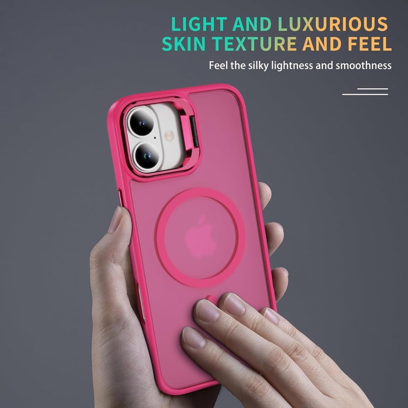 Elzzi حامل قابل للتعديل من البولي كربونات متوافق مع غلاف Mag Safe لهاتف iPhone 16 Plus، مع حامل كاميرا مدمج قابل للتعديل، غلاف هاتف مضاد للصدمات مغناطيسي غير شفاف (وردي ساخن) - Image 3
