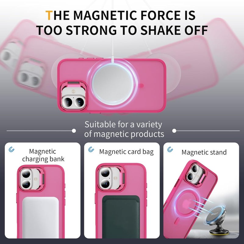 Elzzi حامل قابل للتعديل من البولي كربونات متوافق مع غلاف Mag Safe لهاتف iPhone 16 Plus، مع حامل كاميرا مدمج قابل للتعديل، غلاف هاتف مضاد للصدمات مغناطيسي غير شفاف (وردي ساخن) - Image 4