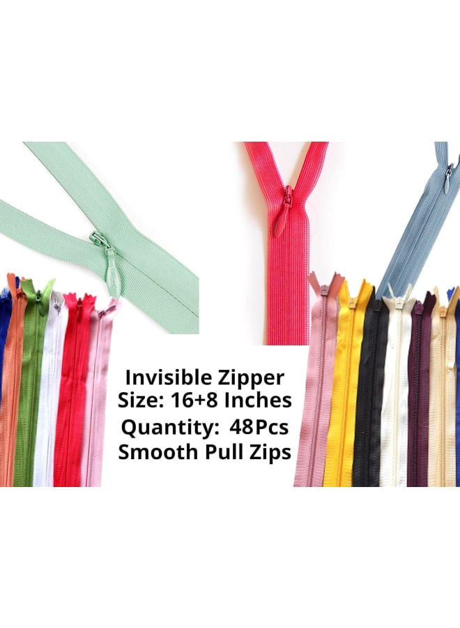 16Inch (42cm) +8Inch (21cm) Premium Invisible Zipper Concealed Nylon Zips for Garments, Pants, Bags, Palazzo, Dresses, Frocks, Gowns, Ladies Suits (Multicolor) Set of 48 Zips  - Image 2