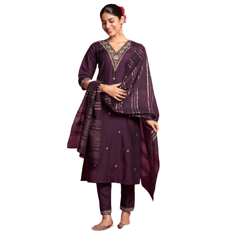 LookMark Women's Pure Cotton Straight Kurta Pant Dupatta Suit Set With Elegant Embroidery - Perfect For Every Occasion (Az-Lm-Og-Ks2107-Medium) Purple - Image 5