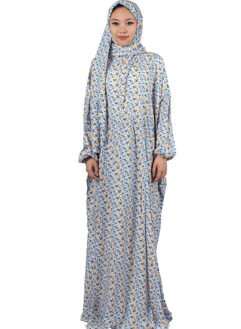 أبشر فستان صلاة بطبعة زهور، طول كامل مع شال، جلابية إسلامية من قطعة واحدة بأكمام طويلة، مقاس واحد