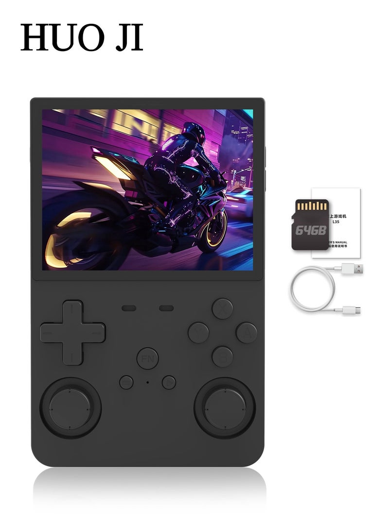 هواو جي وحدة تحكم ألعاب يدوية قديمة R36S، شاشة IPS بحجم 3.5 بوصة، L35 مع بطاقة 64 جيجابايت محملة مسبقاً بـ 10000 لعبة، تدعم أكثر من 20 نوعاً من تنسيقات الألعاب، مع بطارية بقدرة 3000 مللي أمبير توفر عمر بطارية من 6 إلى 8 ساعات - باللون الأسود - Image 1
