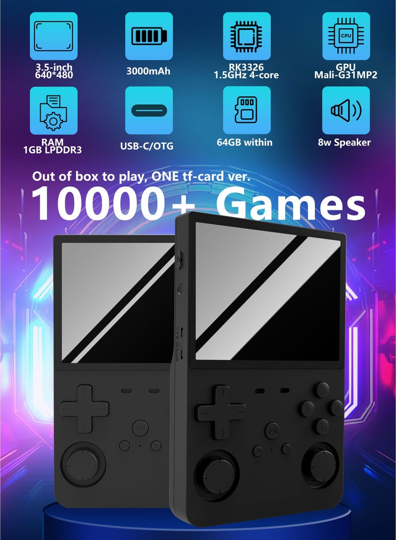 هواو جي وحدة تحكم ألعاب يدوية قديمة R36S، شاشة IPS بحجم 3.5 بوصة، L35 مع بطاقة 64 جيجابايت محملة مسبقاً بـ 10000 لعبة، تدعم أكثر من 20 نوعاً من تنسيقات الألعاب، مع بطارية بقدرة 3000 مللي أمبير توفر عمر بطارية من 6 إلى 8 ساعات - باللون الأسود - Image 3