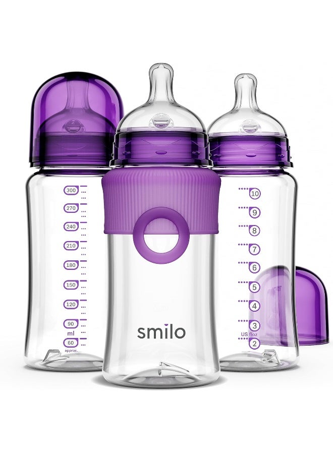 Smilo Baby Bottle Set with Stage 0 Slow Flow Anti Colic, 10 Oz / 300 ml Capacity, 3X Pack of Anti Colic Baby Bottles 0-3 Months - Plum Purple - Image 1