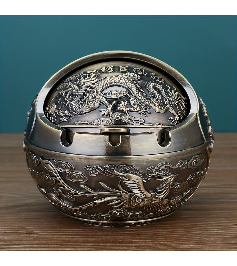 Red Copper Dragon Phoenix Ashtray With Lid Antifall For Living Room - Image 4