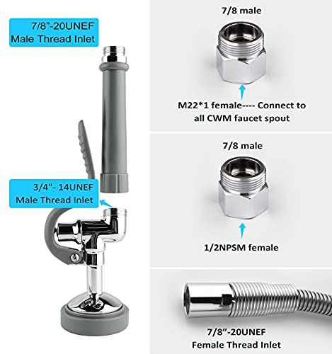 CWM Spray Valve with 45" Flexible Stainless Steel Hose, Pre Rinse Sprayer Assembly for Commercial Kitchen Faucet - Image 2