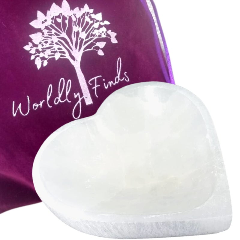 Worldly Finds SELENITE HEART Shaped Bowl - Selenite Crystal Smudge Bowl, Hand-Carved, Moroccan Crystal Holder to Charge, Cleanse Crystals, Charging, Smudging Bowl, Wicca Starter Kit Supplies w/Bag (4 Inch Heart) - Image 1