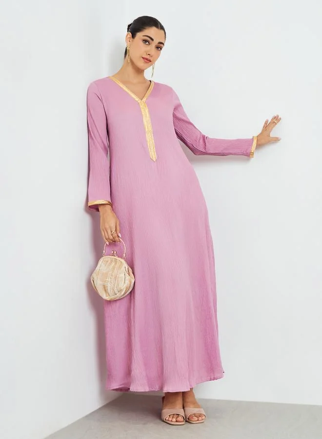 Amirah Pink Textured Jalabiya with Lace Trim