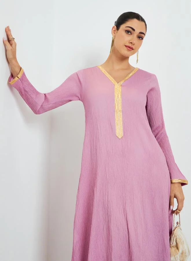 Amirah Pink Textured Jalabiya with Lace Trim