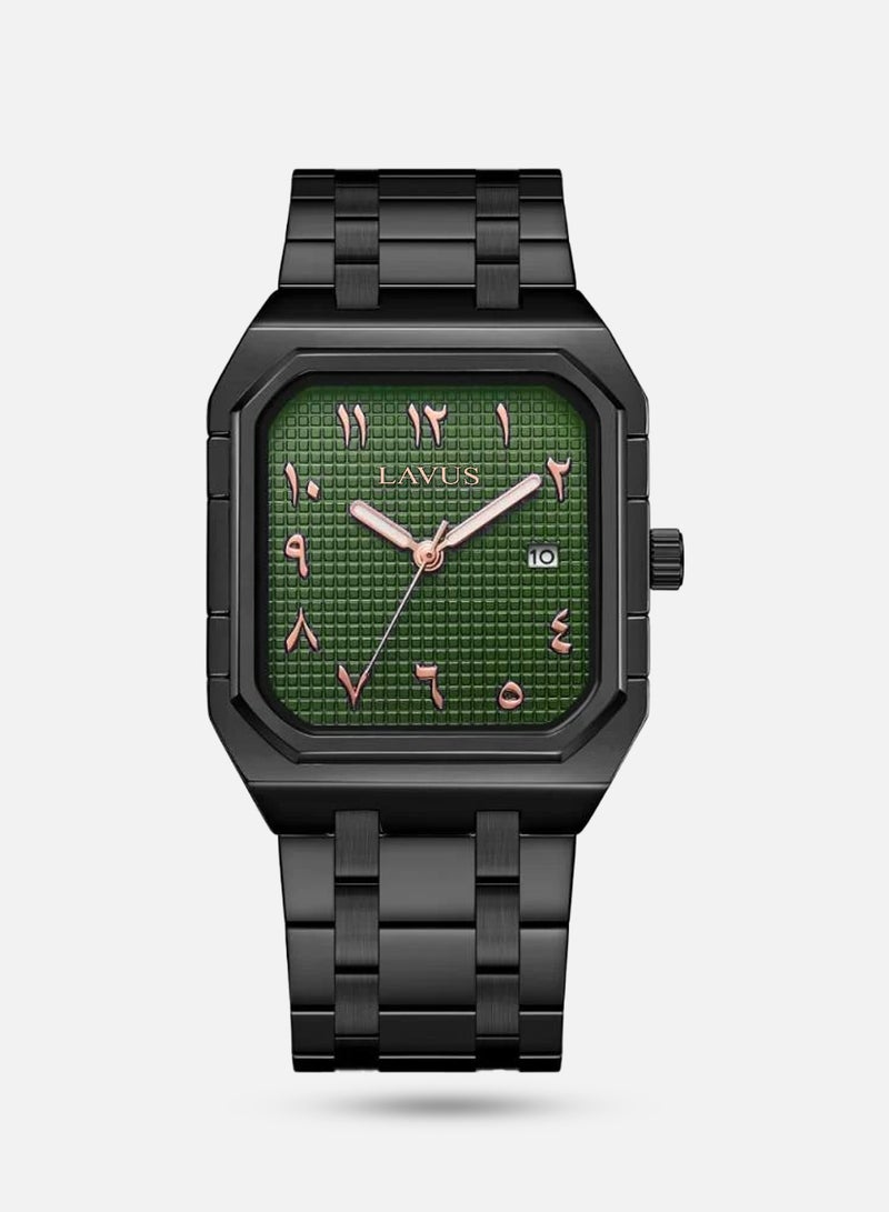 Men's steel watch with black Arabic numerals and a green dial