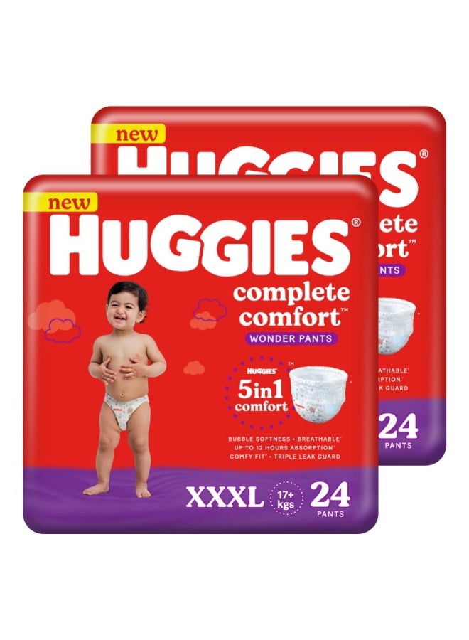 Huggies Complete Comfort Wonder Pants Triple Extra Large (XXXL) Size (17 Kgs+) Baby Diaper Pants, 24 count|5 benefits in 1 diaper| Bubble Bed softness | Upto 12 hour overnight absorption (Pack of 2) - Image 1