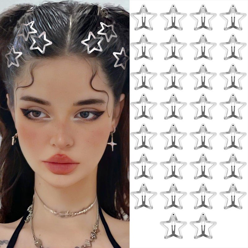 SAOROPEB Star Hair Clips 2000s Y2K Snap Hair Barrettes Non Slip Star Hair Accessories Silver Metal Hair Clips for Girls Women -30 PCS 1.57" - Image 1