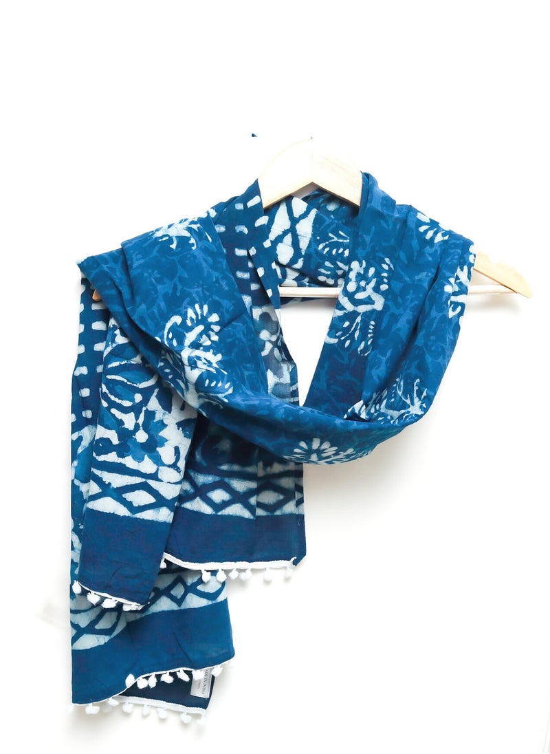 OJARIYA - Garden Indigo Tie And Dye Hand Block Printed 100 Percent Breathable Soft Organic Cotton Scarf Hijab - Image 1