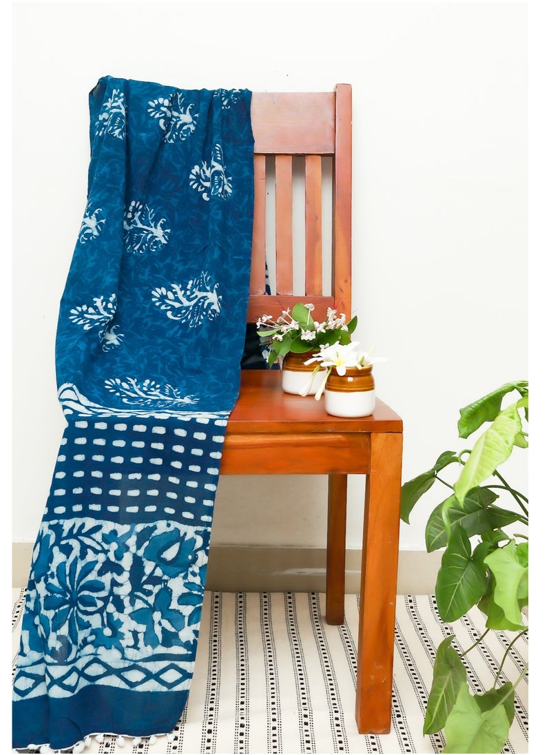OJARIYA - Garden Indigo Tie And Dye Hand Block Printed 100 Percent Breathable Soft Organic Cotton Scarf Hijab - Image 1