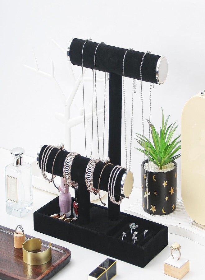 Pengup 2 Tier Jewelry Holder Organizer,Bracelet Necklace Holder with Tray,Jewelry Storage Stand for Girls,Velvet Jewelry Tree(Black Silver) - Image 2