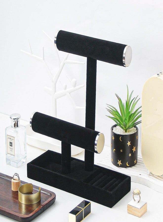 Pengup 2 Tier Jewelry Holder Organizer,Bracelet Necklace Holder with Tray,Jewelry Storage Stand for Girls,Velvet Jewelry Tree(Black Silver) - Image 4
