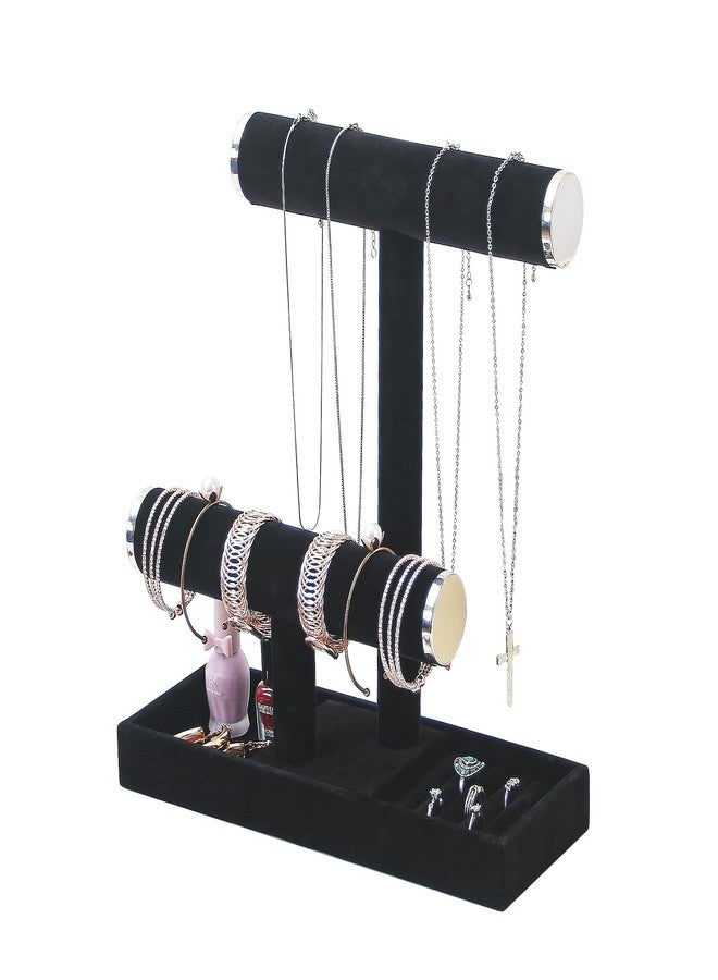 Pengup 2 Tier Jewelry Holder Organizer,Bracelet Necklace Holder with Tray,Jewelry Storage Stand for Girls,Velvet Jewelry Tree(Black Silver) - Image 1