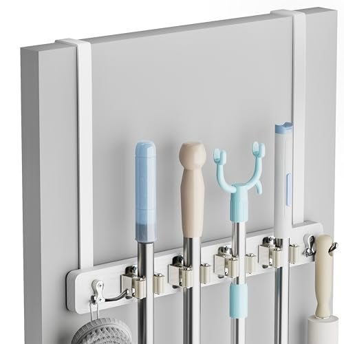 Lorbro Broom Holder Door Mount, Over the Door Broom and Mop Holder with 2 Over Door Hooks, Wood Broom Hanger, Tool Rack Organizer for Laundry, Garage, Closet, Kitchen Decor, 4 Slots & 4 Hooks Rustic - Image 1