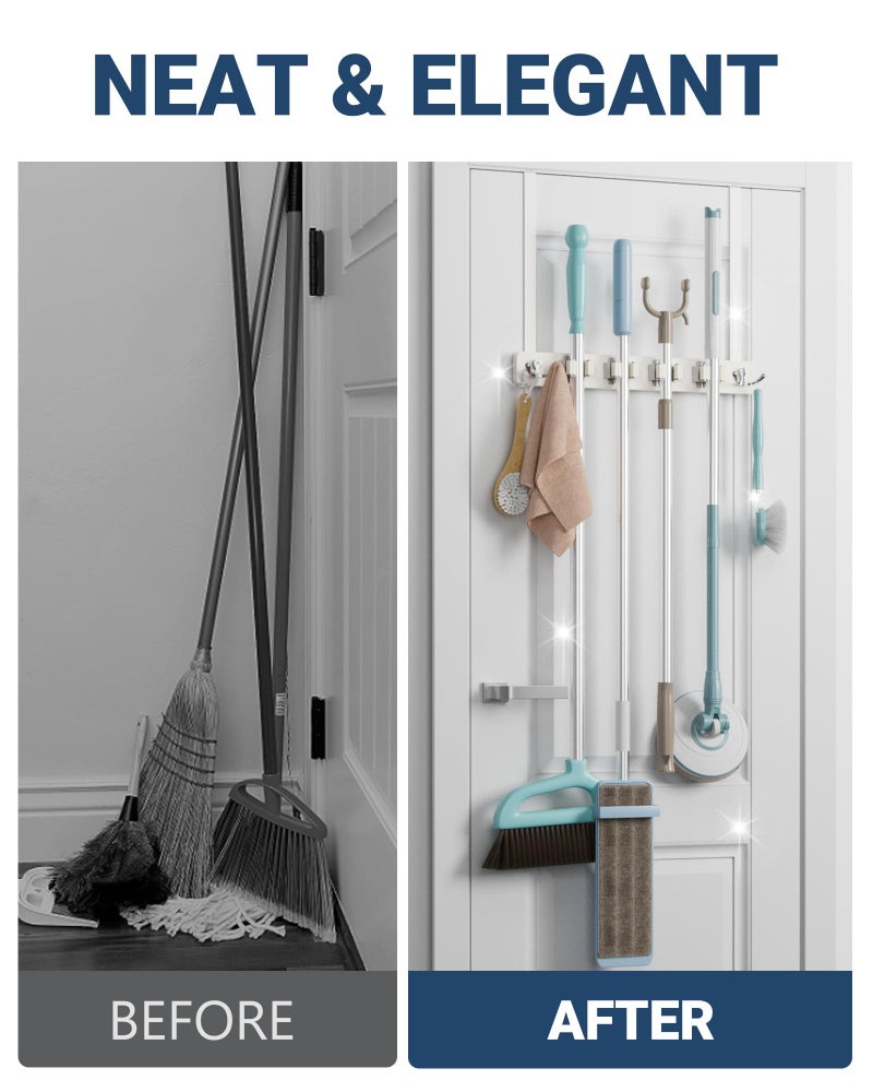 Lorbro Broom Holder Door Mount, Over the Door Broom and Mop Holder with 2 Over Door Hooks, Wood Broom Hanger, Tool Rack Organizer for Laundry, Garage, Closet, Kitchen Decor, 4 Slots & 4 Hooks Rustic - Image 4