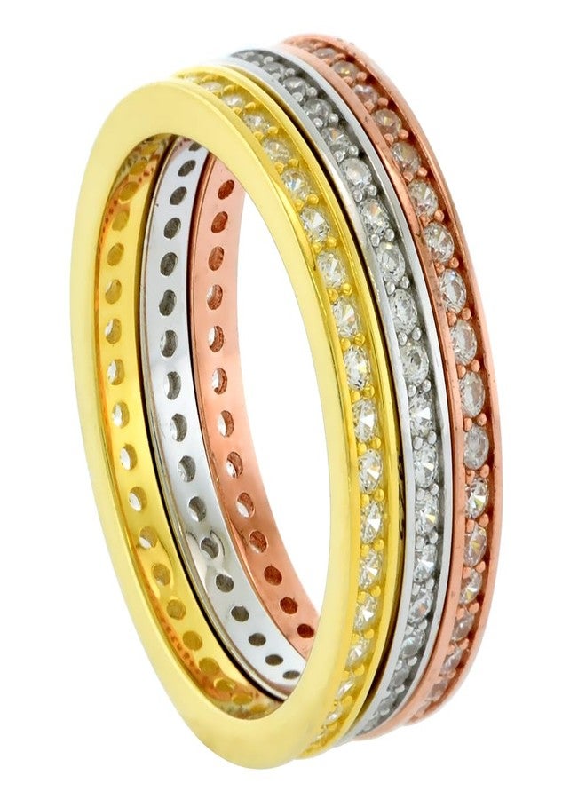 Sabrina Silver Tricolor Sterling Silver Channel Pave CZ 3-Stack Eternity Ring Set for Women 6mm wide size 8 - Image 1