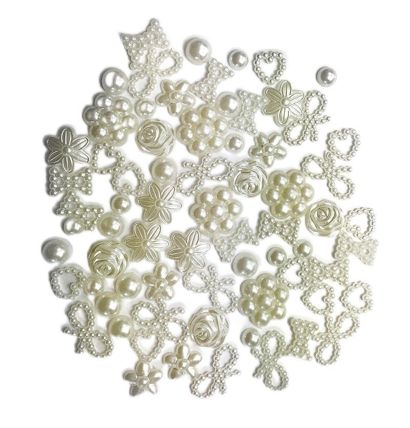 All In One Assorted Cream Hearts Stars Flowers Bows Pearls Flat Back Cabochon Pearl50 gram