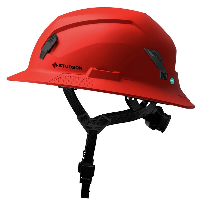 STUDSON SHK-1 Full Brim Safety Helmet: ANSI/ISEA Z89.1 Type II Compliant (R 2019), Lightweight & Breathable, NFC Emergency Contact Chip, One Size, Class C & E Protection (Non-Vented, Red) - Image 1
