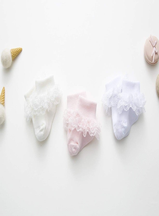 EPEIUS 3 Pairs Baby-Girls Eyelet Turn Cuff Ruffle Frilly Lace Socks Infants Girls Triple Lace Dressy Socks Gift Box White 6-12 Months - Image 5
