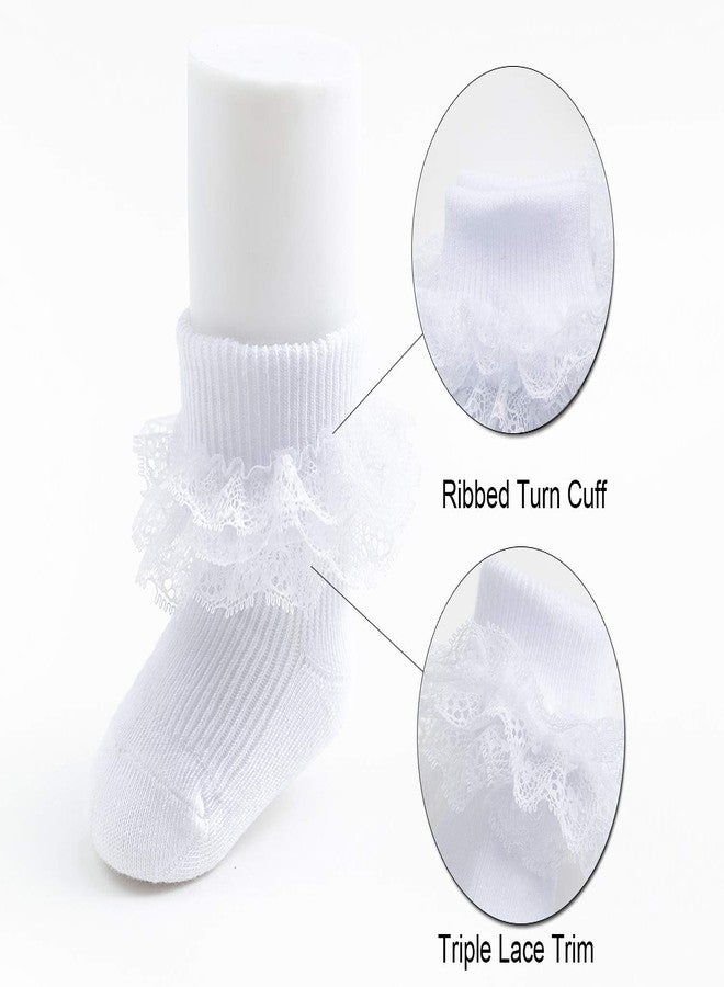 EPEIUS 3 Pairs Baby-Girls Eyelet Turn Cuff Ruffle Frilly Lace Socks Infants Girls Triple Lace Dressy Socks Gift Box White 6-12 Months - Image 4