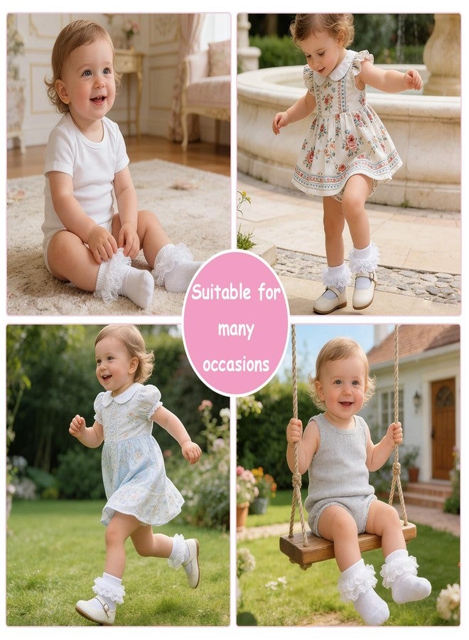 EPEIUS 3 Pairs Baby-Girls Eyelet Turn Cuff Ruffle Frilly Lace Socks Infants Girls Triple Lace Dressy Socks Gift Box White 6-12 Months - Image 2