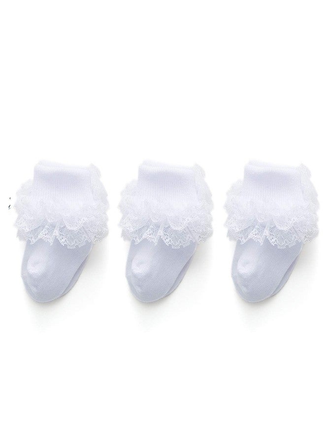 EPEIUS 3 Pairs Baby-Girls Eyelet Turn Cuff Ruffle Frilly Lace Socks Infants Girls Triple Lace Dressy Socks Gift Box White 6-12 Months - Image 1