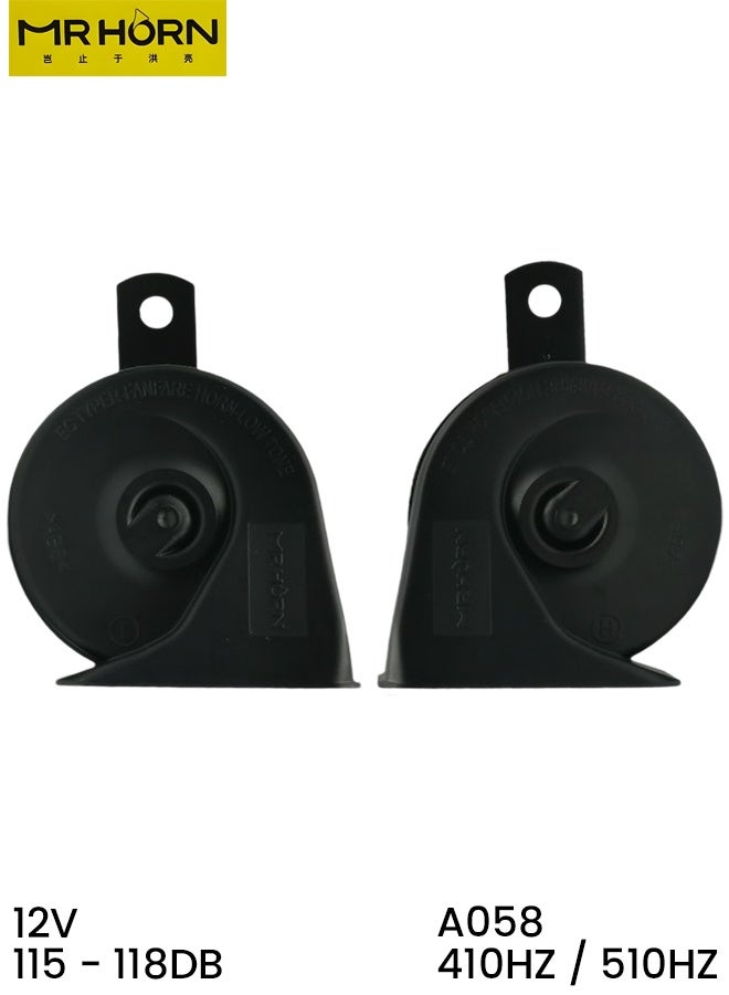 MR HORN A058 12V Compact Full Power Twin Tone Snail Horn Set (410Hz/510Hz) - Extremely Loud and Clear 115-118dB Dual-Tone Car/Motorcycle Horn, Quick Installation, Weather-Resistant & OE Quality Replacement - Image 1