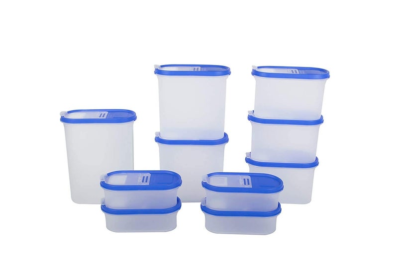 Cutting EDGE FlipTop Modular Dispenser 05LX4 12LX3 18LX2 24LX1 Containers Oval Set for Rice DalAtta Flour Snacks Set of 10 Blue Lids Free Plain Lids extra for each container - Image 1