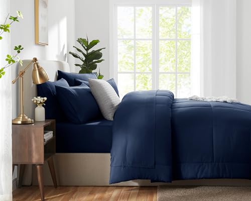 CozyLux Queen Comforter Set Navy Blue, 7 Pieces Bed in a Bag, Blue Comforter Queen Size, All Season Bedding Sets with Stitch Quilted Comforter, Flat Sheet, Fitted Sheet, Pillowcases - Image 4