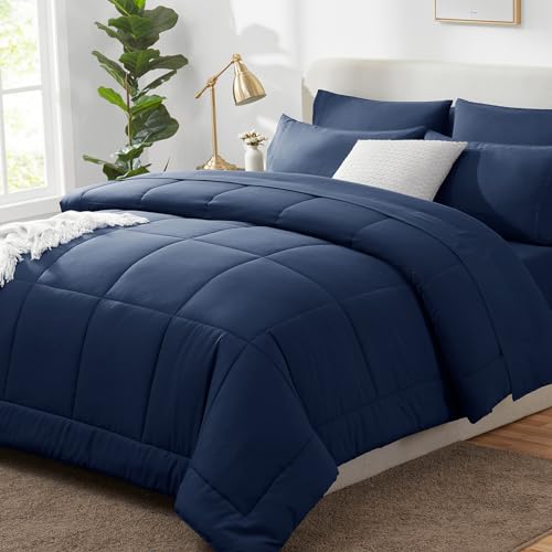 CozyLux Queen Comforter Set Navy Blue, 7 Pieces Bed in a Bag, Blue Comforter Queen Size, All Season Bedding Sets with Stitch Quilted Comforter, Flat Sheet, Fitted Sheet, Pillowcases - Image 1