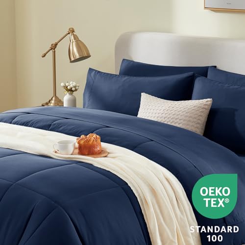CozyLux Queen Comforter Set Navy Blue, 7 Pieces Bed in a Bag, Blue Comforter Queen Size, All Season Bedding Sets with Stitch Quilted Comforter, Flat Sheet, Fitted Sheet, Pillowcases - Image 3