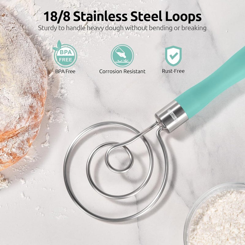 UTaste 12.6in Danish Dough Whisk: 18/8 Stainless Steel Heavy-Duty Sourdough Mixer Tool, Food Grade Dutch Style Seamless Bread Wisk, Sturdy for Mixing, Stirring, Kneading Thick Batter (Aqua Sky) - Image 3
