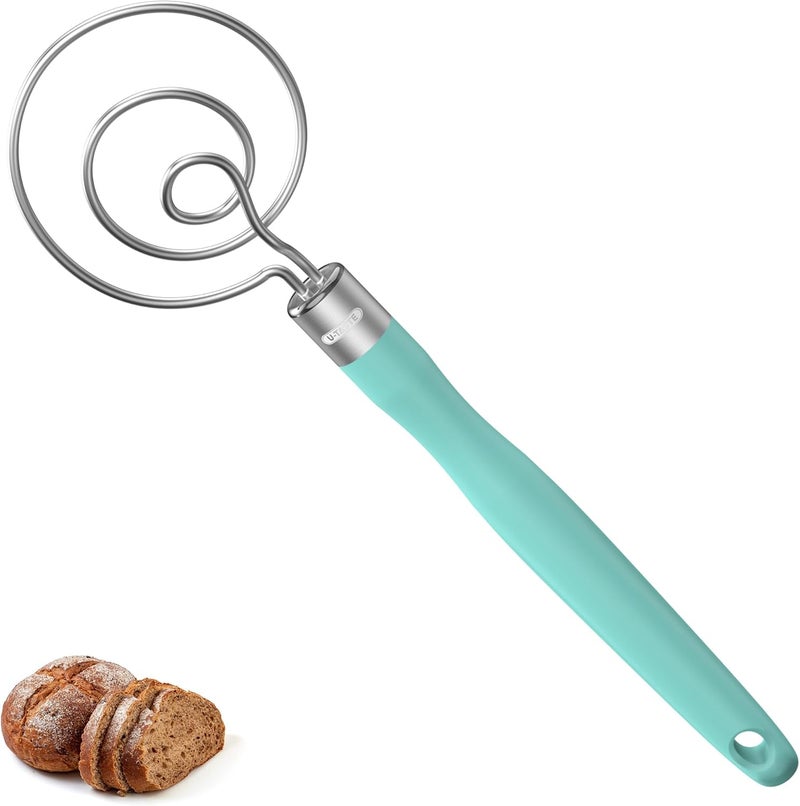 UTaste 12.6in Danish Dough Whisk: 18/8 Stainless Steel Heavy-Duty Sourdough Mixer Tool, Food Grade Dutch Style Seamless Bread Wisk, Sturdy for Mixing, Stirring, Kneading Thick Batter (Aqua Sky) - Image 1