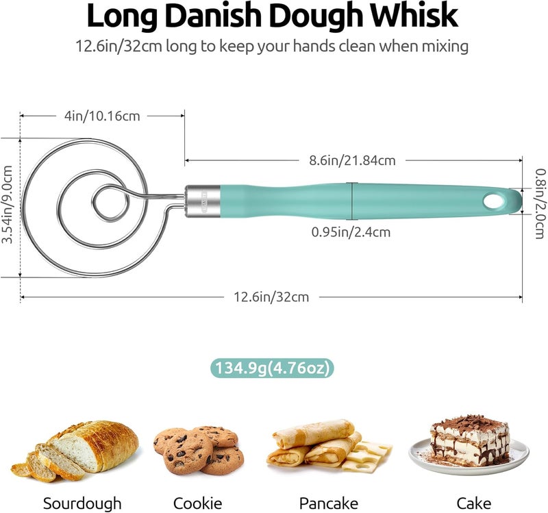 UTaste 12.6in Danish Dough Whisk: 18/8 Stainless Steel Heavy-Duty Sourdough Mixer Tool, Food Grade Dutch Style Seamless Bread Wisk, Sturdy for Mixing, Stirring, Kneading Thick Batter (Aqua Sky) - Image 2