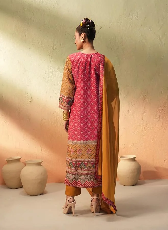 آي شين Women's Mustard Chinon Printed Tunic Upper Calf Length Palazzo Bottom Straight Fit 3 Peice Kurta Set