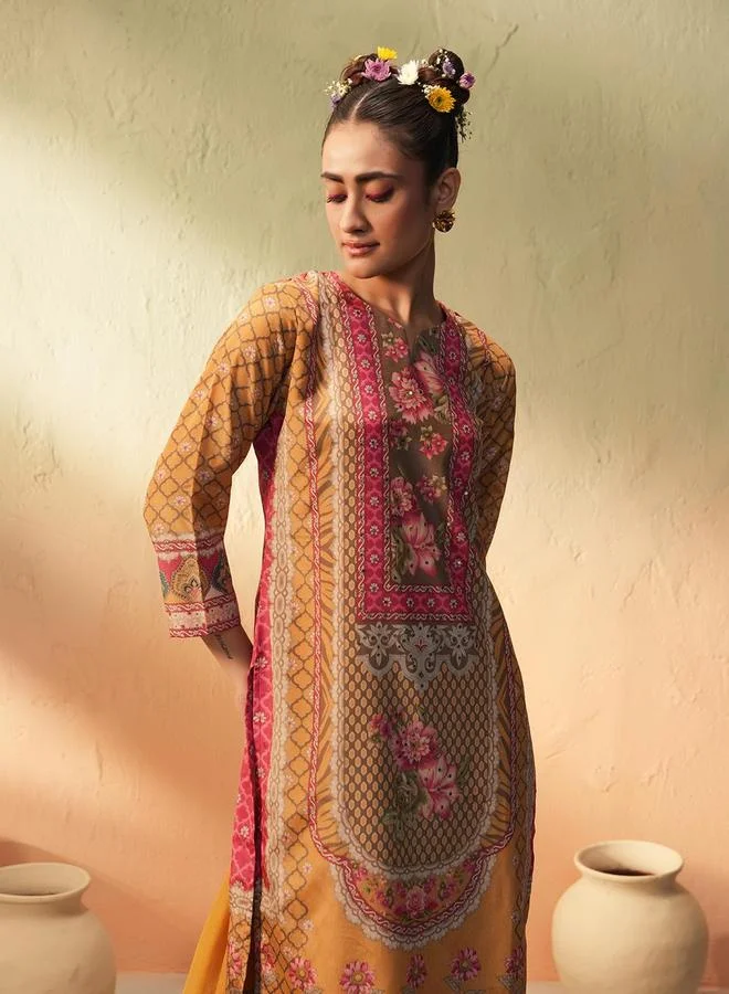 آي شين Women's Mustard Chinon Printed Tunic Upper Calf Length Palazzo Bottom Straight Fit 3 Peice Kurta Set