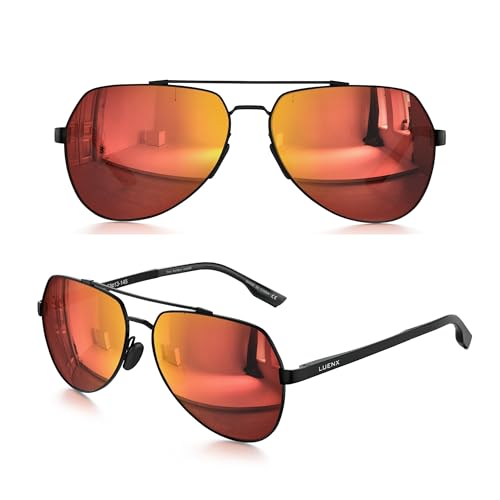 LUENX Men Women Aviator Sunglasses Polarized Shades Flexible Spring Hinge -Orange Mirror Lens Black frame 60mm - Image 3