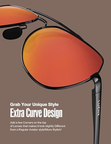 LUENX Men Women Aviator Sunglasses Polarized Shades Flexible Spring Hinge -Orange Mirror Lens Black frame 60mm - Image 4