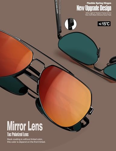 LUENX Men Women Aviator Sunglasses Polarized Shades Flexible Spring Hinge -Orange Mirror Lens Black frame 60mm - Image 5